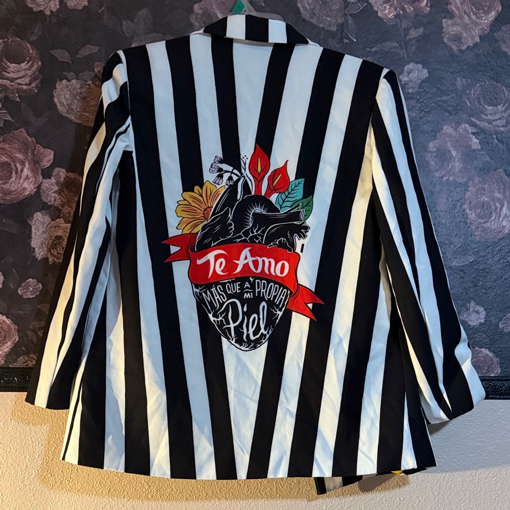 Striped Frida Kahlo Blazer with Heart and Floral Design